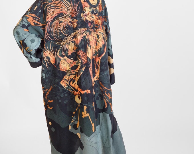 Featured listing image: Extra Long Unisex Kimono Neko Green Sphynx Cat Print Robe Caftan One Size Silky Cover Up Lounge Festival Wear Silky Malekin