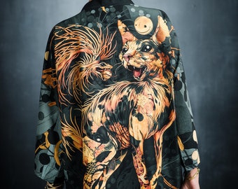 Malekin NEKO GREEN SHORT Unisex Cat Art Printed Kimono Robe | Gender neutral kaftan | One size beach robe | Versatile lightweight caftan