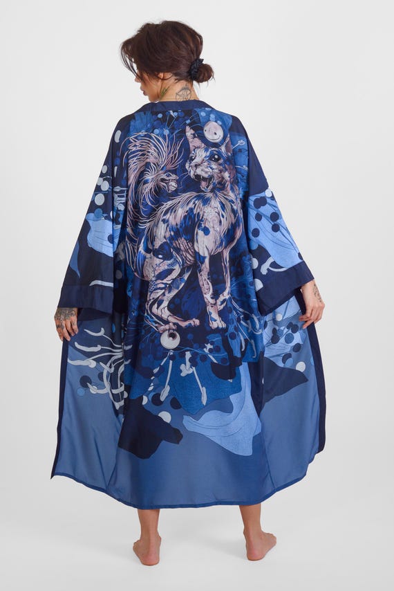 Extra Long Unisex Kimono Neko Blue Sphynx Cat Print Robe Caftan One Size  Silky Cover up Lounge Festival Wear Silky Malekin - Etsy UK