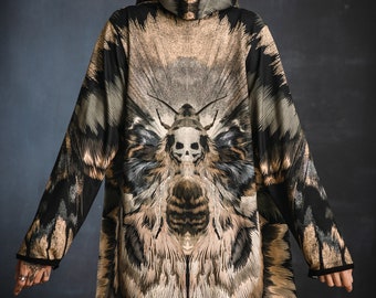 Malekin SHINOGA LIGHT Unisex Skull Moth Art Printed Assassin Coat | Gender neutral hooded jacket | All Seasons Death Moth Cardigan Hoodie