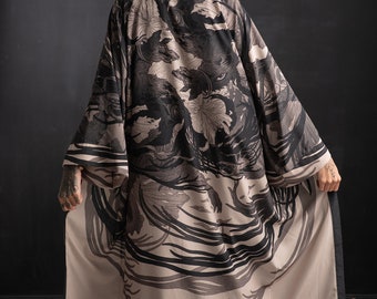 Malekin OKAMI MONO EXTRALONG Unisex Wolf Art Printed Kimono Robe | Gender neutral kaftan | One size beach robe