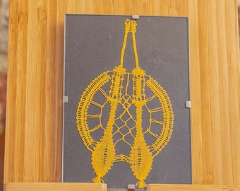 Vintage Lace 1980s, Orange Lace Bobbins in a Frame