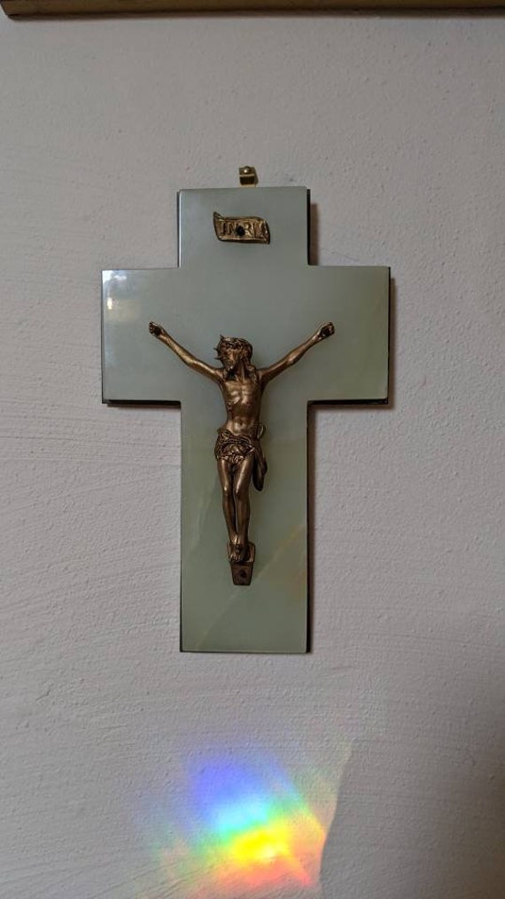 Greenmarble/Onyx et Laiton Antique Français Crucifix de L'église