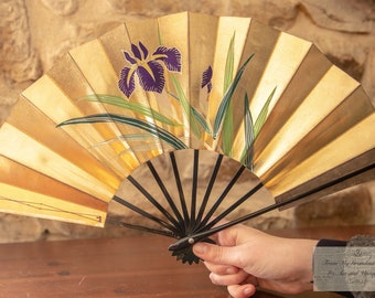 Vintage Chinese Paper & Bamboo Hand Fan, Metallic gold silver with purple Irises