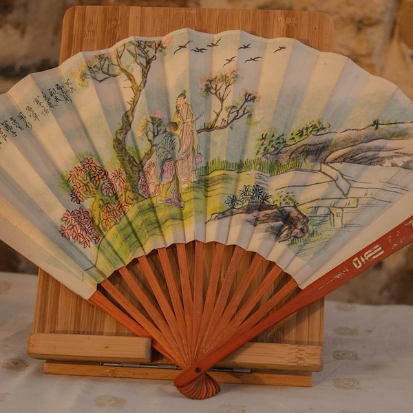 Vintage 1970s Chinese Paper & Bamboo Hand Fan, Region Landscape, Carved Bamboo, Traditional attire, The People's Republic of China