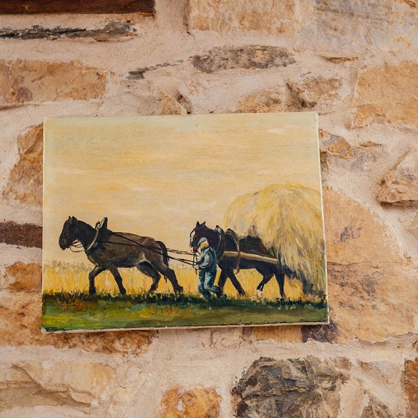 Peinture à l'huile vintage française signée, pluie équestre, agricole, chevaux de trait, scène de Normandie