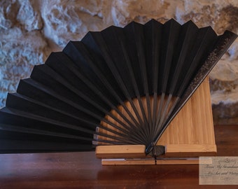 Antique 1920s 1930s Japanese French Paper Silk Hand Fan, Black and Ebony