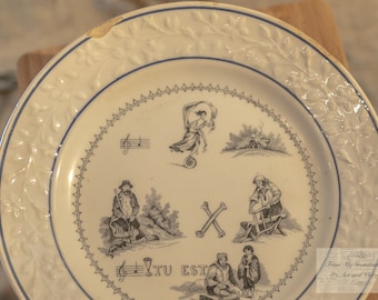 French Antique Choisy Porcelain Rebus Plate, French Antique Puzzle Plate, Porcelaine de Choisy 1850s