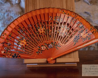 Vintage hand painted orange wood a fabric floral fan