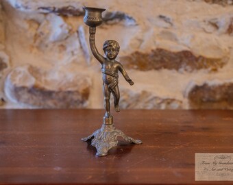 Vintage French Brass Spelt Art Nouveau Cherub Candle Holder