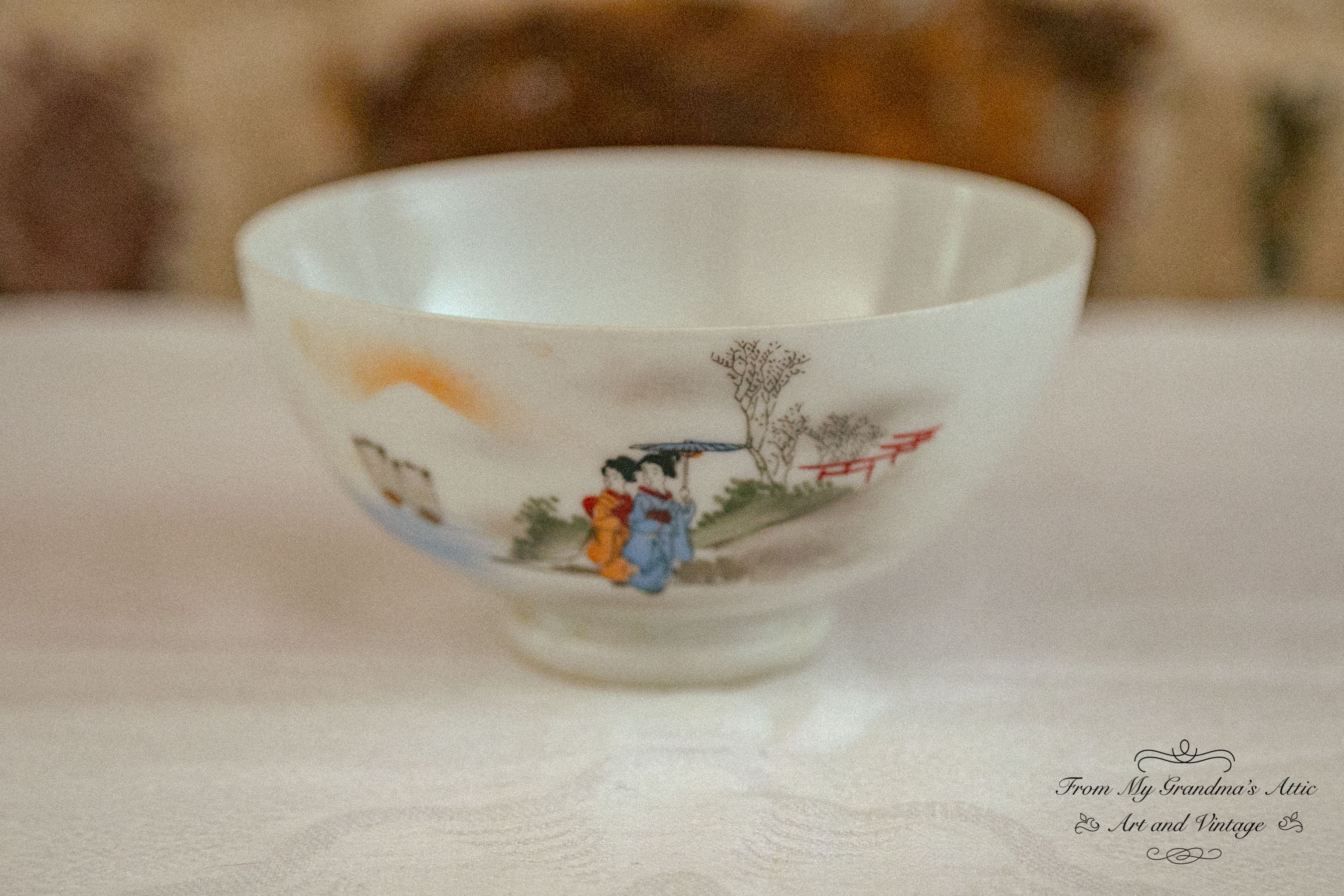 bol à riz chinois vintage des années 1920 avec un beau décor de paysage