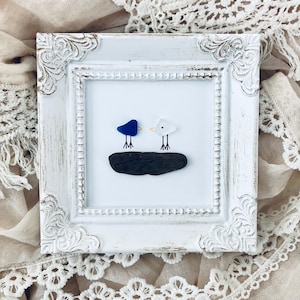Sea Glass Bird Art Framed | Beach Glass Birds | Bird Lover Gift | Coastal Home Decor | Valentines Day Gift for Her | Anniversary Gift