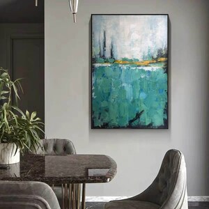 May include: Abstract painting with a green and blue landscape scene. The painting has a yellow stripe across the middle and a white background.