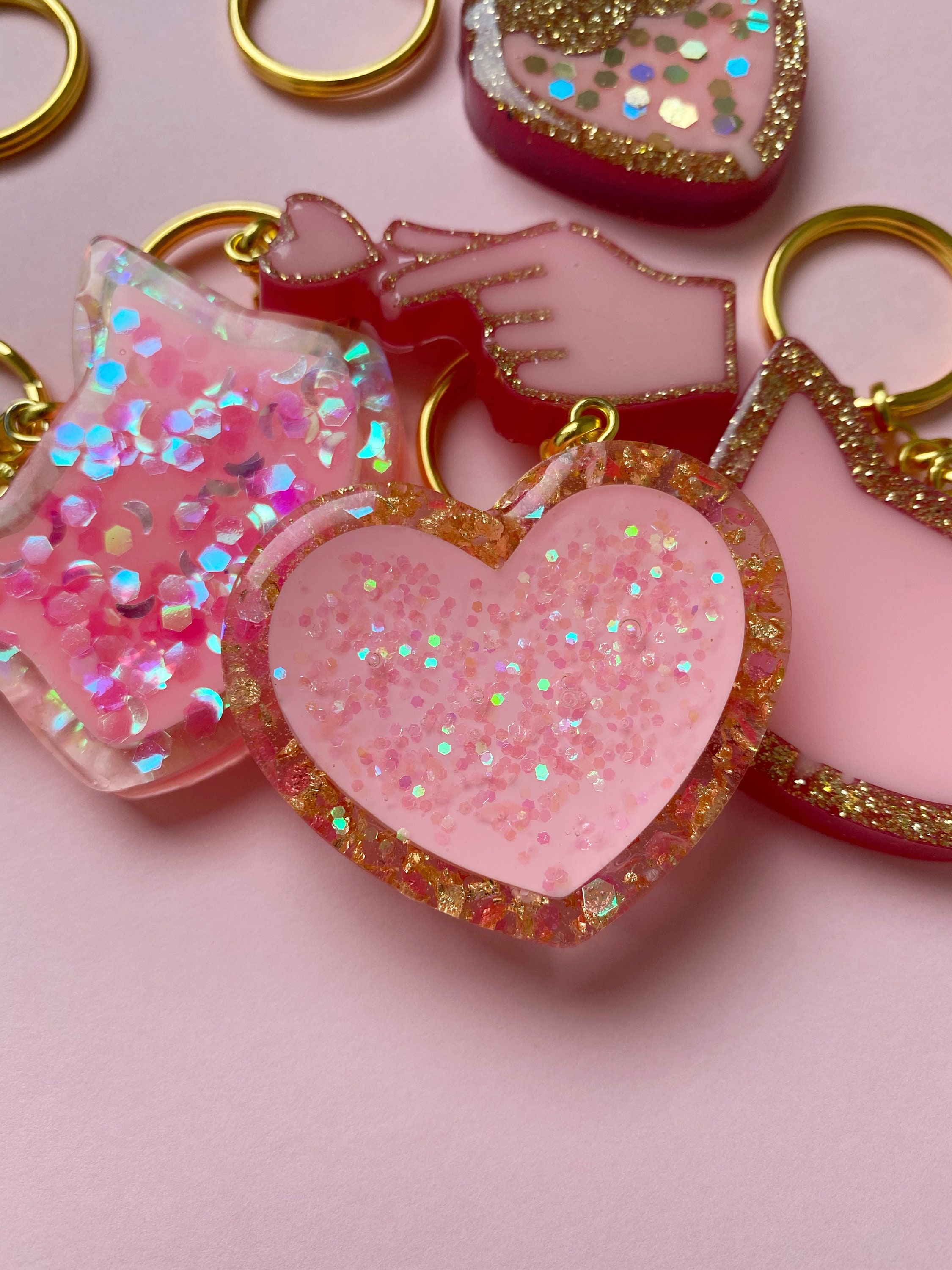 Resin Rings Pink and Gold Love heart resin Stackable Rings Gold Leaf Resin
