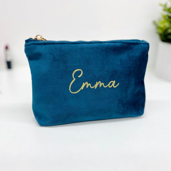 Personalised velvet make up bag with sparkling gold name, custom cosmetics pouch with zip, personalised bridesmaid gift, gift for her