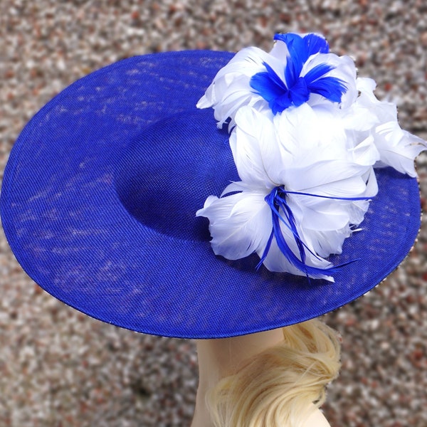 Royal Blue Hatinator, White Feather Flowers, Large Sinamay Saucer Hat, Fascinator Wedding, Races Headpiece