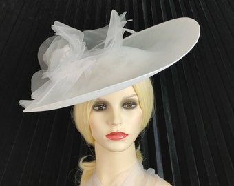 White sinamay hat wide brim mother of the bride hat , no feather hat, white flower hatinator