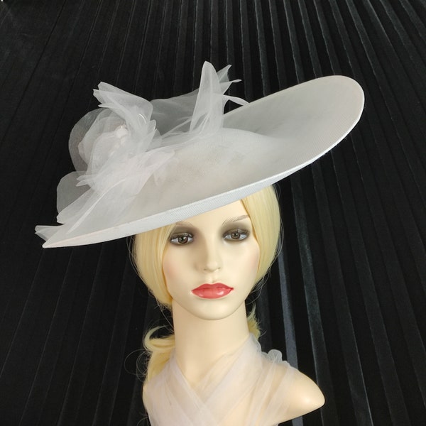 White sinamay hat wide brim mother of the bride hat , no feather hat, white flower hatinator