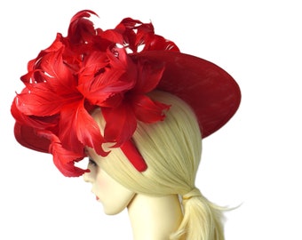 Red Hatinator with Feather Flowers, Melbourne, Royal Ascot ,Derby Fascinator Hat, Ladies Day, Red Hat Races