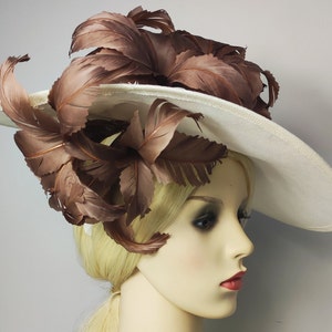 Ivory Hat Brown Feather Flowers- Wide Brim- Mother of the Bride Hat, Kentucky derby Hat, Wedding Hat, Occasion Hat, Royal Ascot Hat