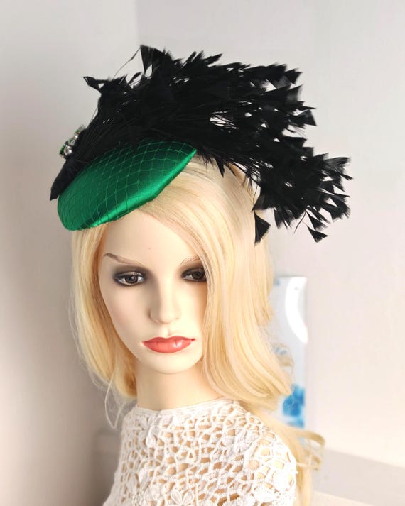 Emerald Green Feather Fascinator Hat: Beaded Wedding Races 
