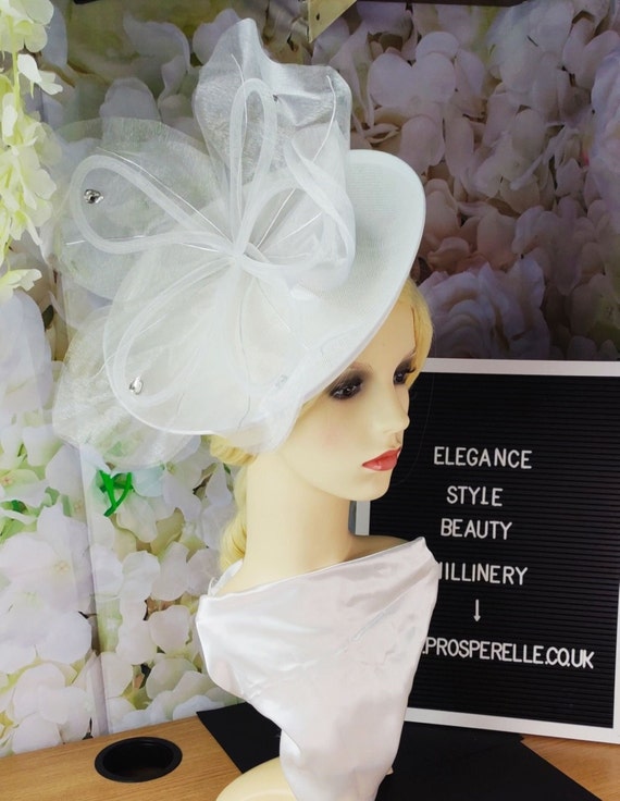 Elegant White Derby Hat: Organza Flower, Rhinestone Headband 