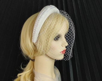 Birdcage veil Headband , Beaded wedding headband, Padded bridal headband