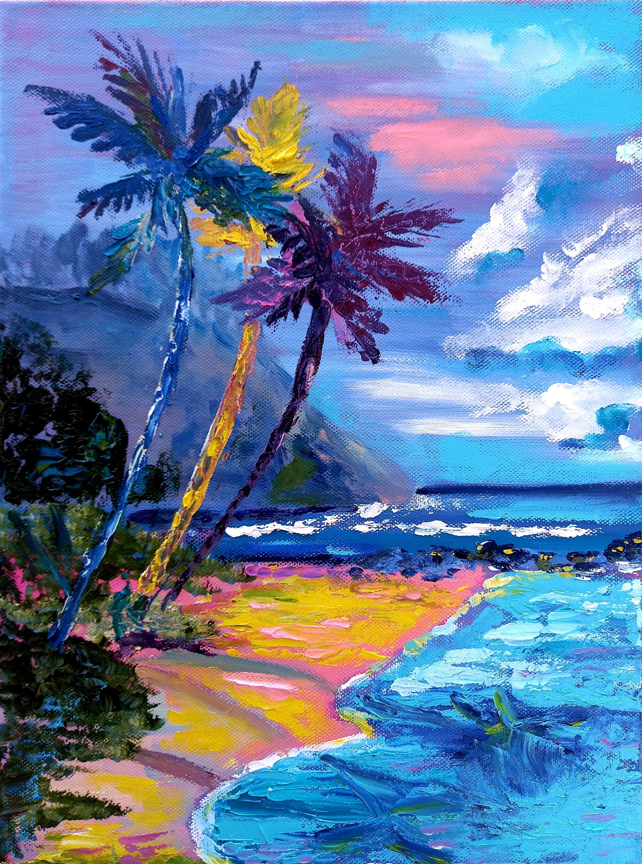 Hawaii Painting Original Artwork Palm Tree Seascape Wall Art Tropical ...