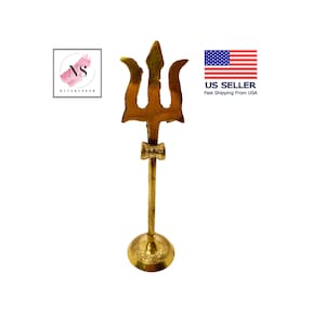 Brass Metal Trishul Trident with Stand (5&quot;), Shivratri, Shiv puja, Lord Shiva