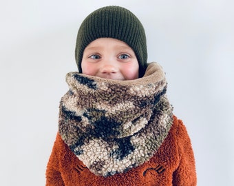 Snood, sciarpa infinita, sciarpa per bambini, tessuto teddy mimetico