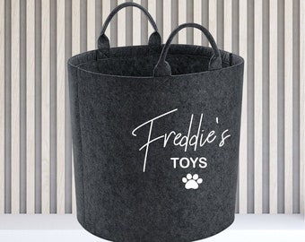 Grey Felt Basket With Name Printed, Pet Gift, Personalised Pet Toy Basket, Personalised Name Toy Trug, Personalised Storage