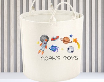 Personalised Space Toy Basket -Organisation - Beige Toy Storage - Beige Basket Personalised - Personalised Name Print Basket