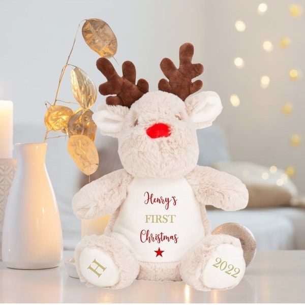 Tracked- Free 1st class delivery, 2023 Personalised Printed Reindeer Teddy, Personalised Christmas Gift, Cute Christmas Gift