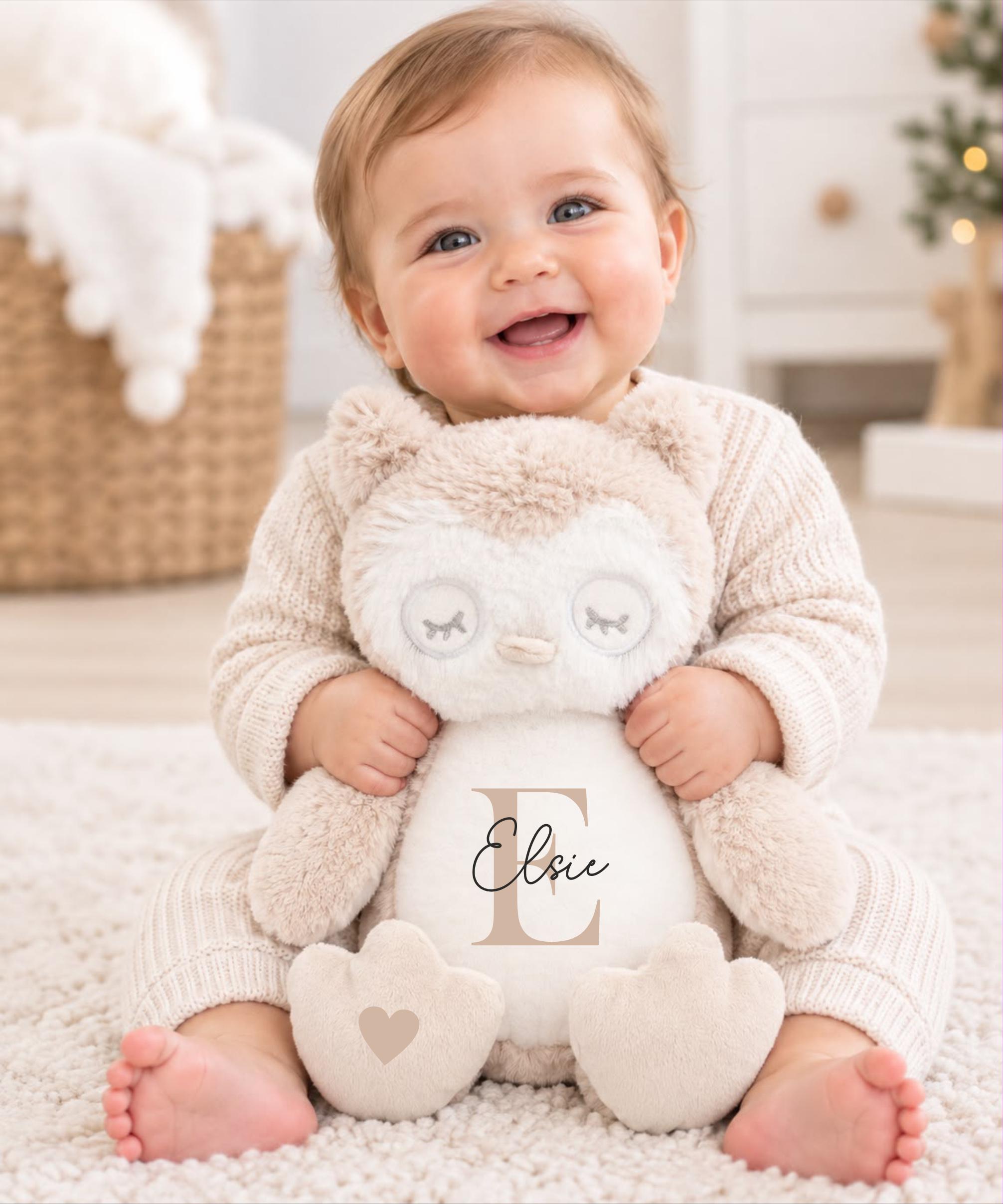 Personalised Neutral Owl Teddy - Beige Personalised Name Teddy - Inital & Name on tummy