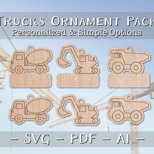 Construction Trucks Quick Scored Ornaments customizable laser file INSTANT download svg pdf Ai glowforge thunder wooden keychain christmas