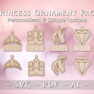 May include: A set of six princess-themed ornament SVG cut files. The designs include a crown, a castle, a unicorn, and a diamond. The files are available in SVG, PDF, and AI formats.