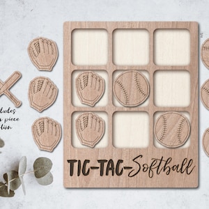 Archivo láser de softbol, juego de mesa de café Tic Tac Toe, DESCARGA INSTANTÁNEA, SVG, PDF, AI, Glowforge, K40, Thunder, equipo deportivo, regalo, personalizable, mamá y papá.