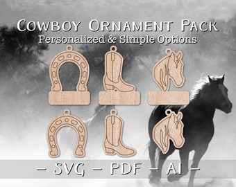 Paquete de vaqueros con adornos de puntuación rápida, archivo láser personalizable, descarga instantánea, SVG, PDF, llavero de madera con diseño de trueno de Glowforge Ai, decoración navideña