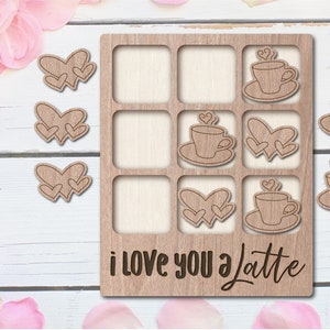 Juego de mesa de café Love You A Latte con láser, tres en raya - DESCARGA INSTANTÁNEA - SVG, DXF, AI, Glowforge K40 Thunder, regalo de madera, café de San Valentín