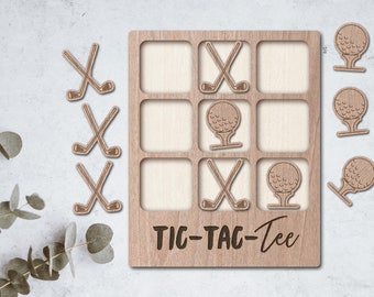 May include: Wooden tic-tac-toe game with a golf theme. The game board has nine squares and the pieces are golf balls and crossed golf clubs. The game board is labeled "TIC-TAC-TEE".