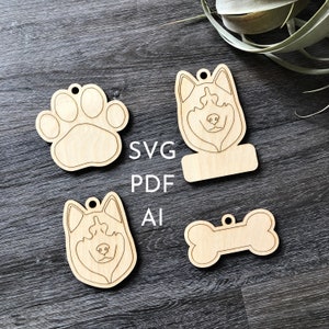 Fichier laser d'ornement Husky ou Malamute - Téléchargement instantané svg pdf Ai glowforge k40 tonnerre ornement en bois rustique porte-clés décoration de Noël