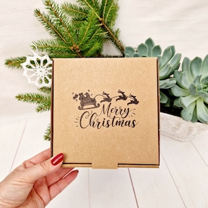 May include: A brown cardboard box with a printed image of Santa Claus in a sleigh pulled by reindeer. The box has the text "Merry Christmas" printed on it.