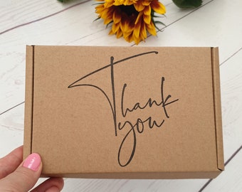 Thank You Hand Stamped Kraft Empty Gift Box. Unique Eco Friendly Recyclable Packaging. Royal Mail Large Letter Brown Cardboard PIP C6/A6Box