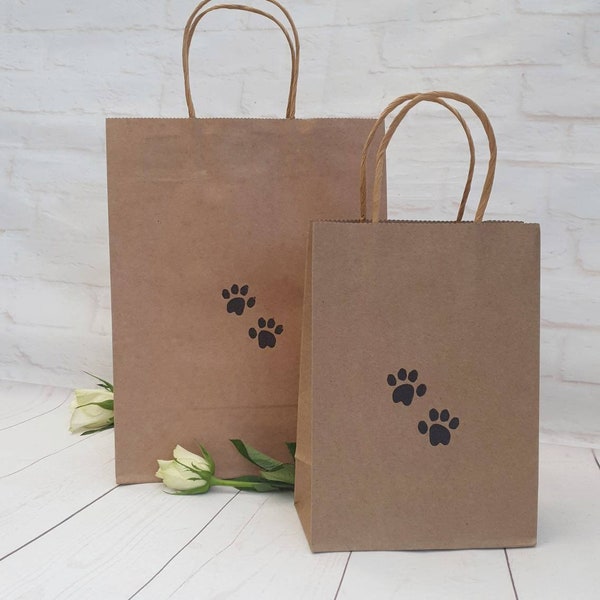 Paw Print Kraft Party Gift Bag. Small/Medium Eco Friendly Brown Paper Birthday Bag. Cute Stylish Hand Stamped Treat Bags with Twist Handles