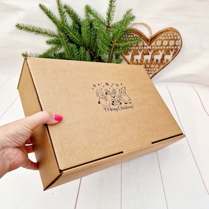 Joyeux Noël, boîtes-cadeaux kraft vides estampées à la main, boîte à paniers en carton robuste. Emballage de Noël robuste et mignon 10 x 10 x 3 po. ou 13 x 9,4 x 4 po.