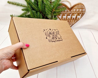 Merry Christmas Empty Hand Stamped Kraft Gift Boxes, Heavy Duty Cardboard Hamper Box. Sturdy & Cute Xmas Packaging 10x10x3" or 13x9.4x4"