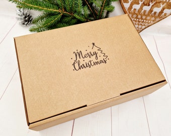 Merry Christmas Empty Hand Stamped Kraft Gift Boxes, Heavy Duty Cardboard Hamper Box. Sturdy & Cute Xmas Packaging 10x10x3" or 13x9.4x4"