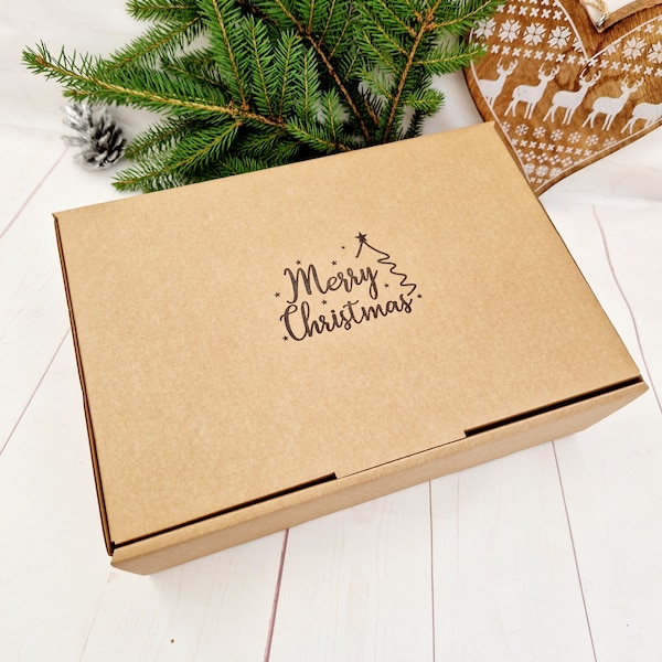 Merry Christmas Empty Hand Stamped Kraft Gift Boxes, Heavy Duty Cardboard Hamper Box. Sturdy & Cute Xmas Packaging 10x10x3" or 13x9.4x4"