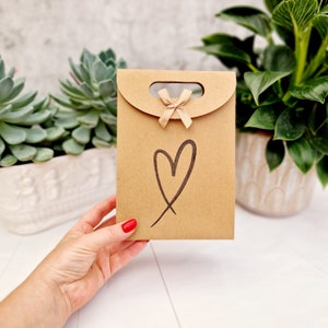 Cute Valentines Gift Bag With Ribbon. Love Heart Favours Paper Bag. Small/Medium Simple Kraft Birthday, Wedding, Anniversary, Baby Shower