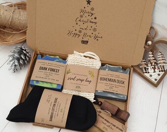 Christmas Gift Box For Him. Eco Friendly Sustainable Vegan Self Care Gift Set For Men. Natural Xmas Present: UK Handmade Soaps, Bamboo Socks